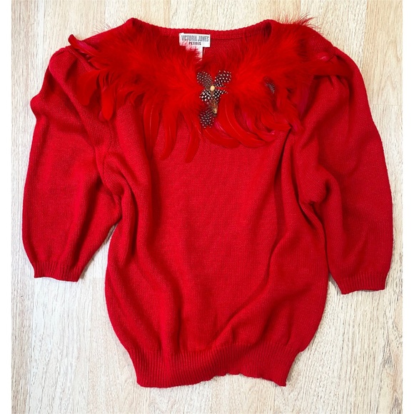 Victoria Jones Petites Sweaters - Vintage Red Sweater with Feathers NWOT Unique Find